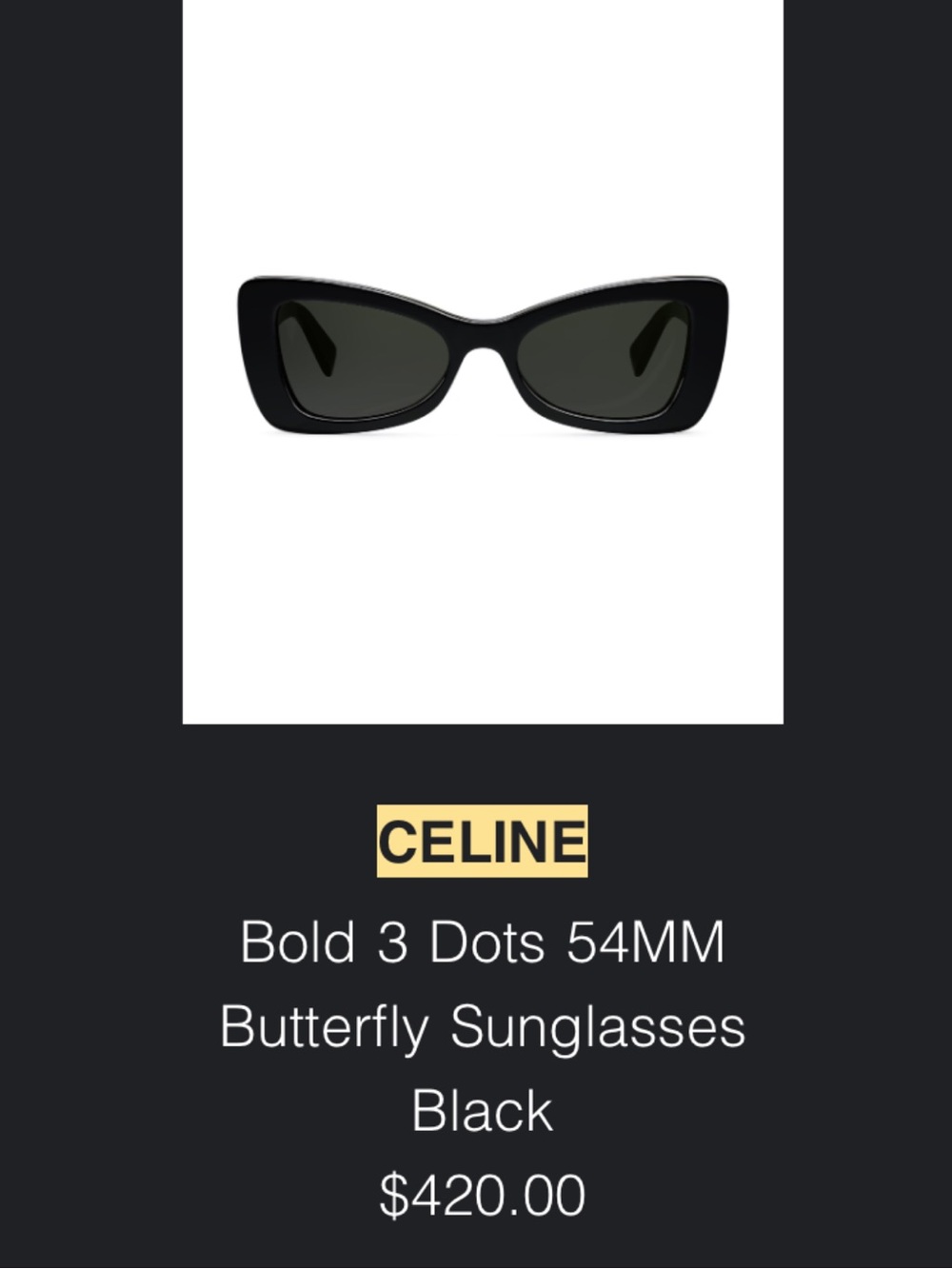 Celine Black Butterfly Cat-Eye Sunglasses